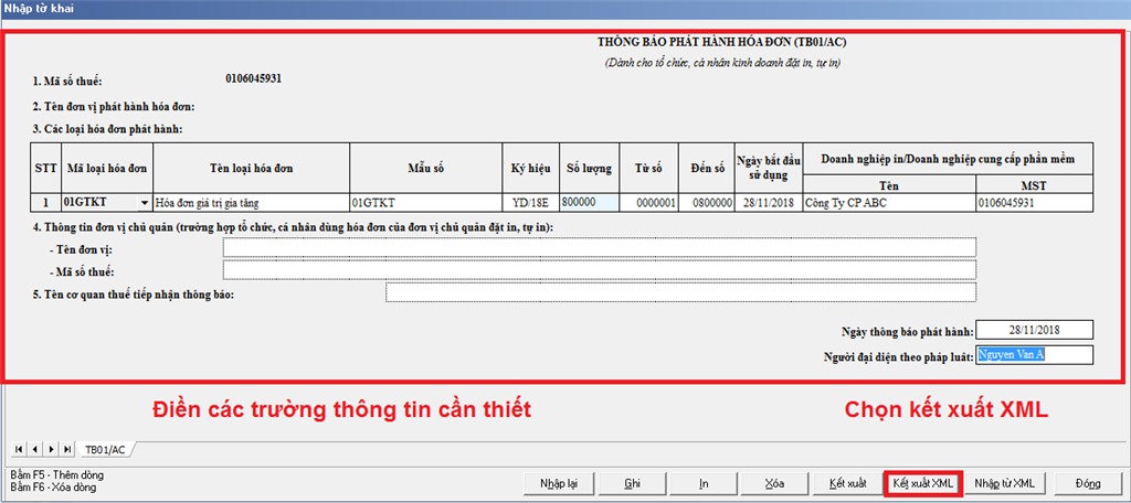 Điền các thông tin theo mẫu hóa đơn điện tử