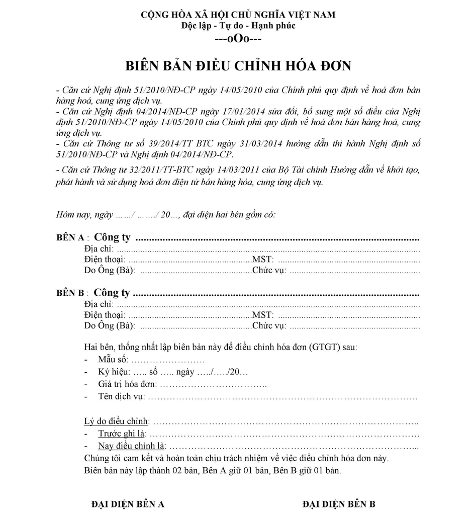 Biên bản điều chỉnh hóa đơn