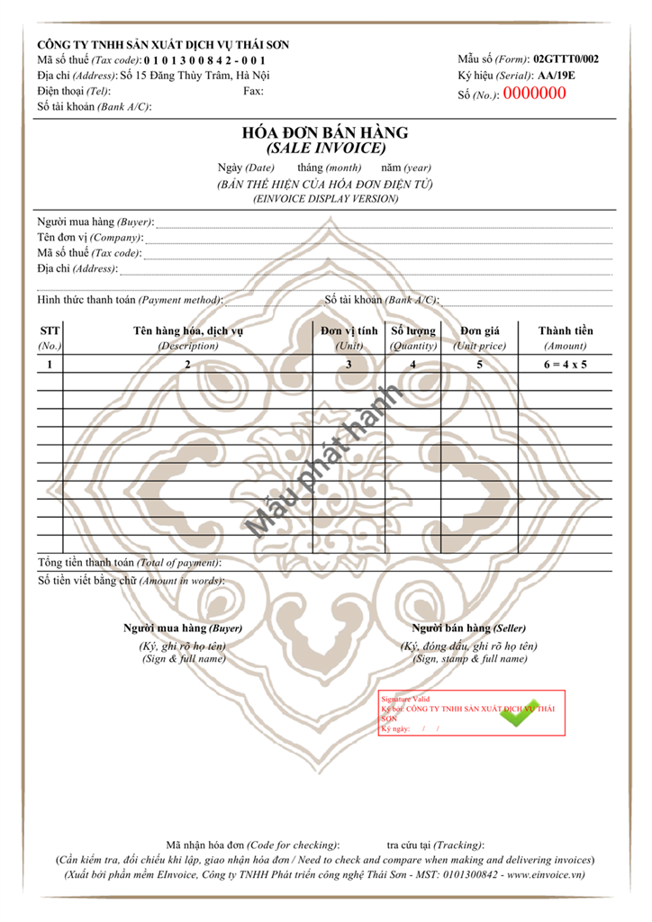 Mẫu hóa đơn điện tử