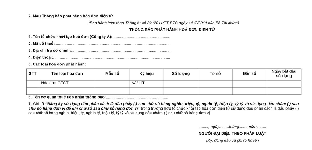 mẫu thông báo phát hành hóa đơn điện tử